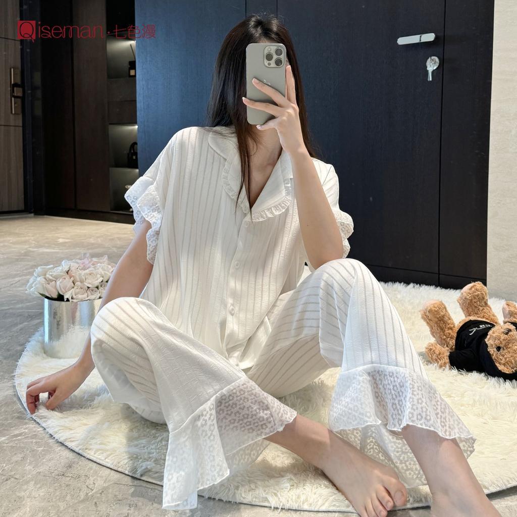 Acetate forging short-sleeved trousers pajamas set, women's summer can wear satin ice silk loungewear, high-end lace pajamas