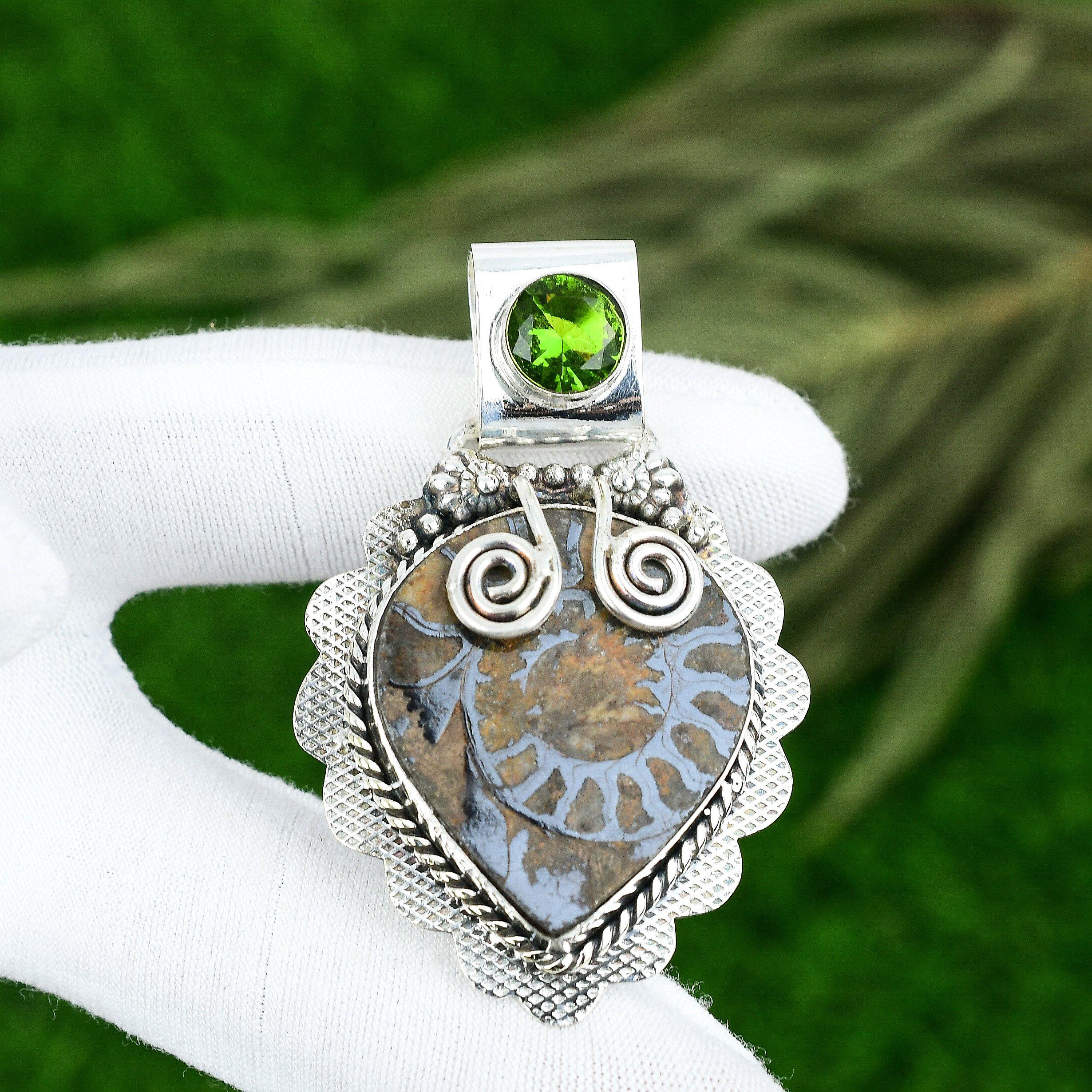 Pear Ammonite Fossil Stone Peridot 925 Sterling Silver Bezel New Pendant Jewelry