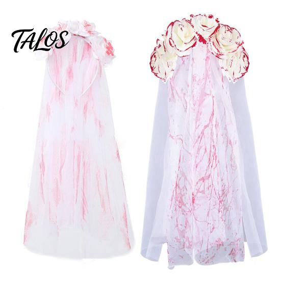 Tiara Cabeça de Rosa Talos, Véu Manchadode Sangue para Noiva Zumbi de Halloween, Aro de Cabelo de Malha Respirável com Design de Peça Única para Cosplay Temático de Casa Assombrada