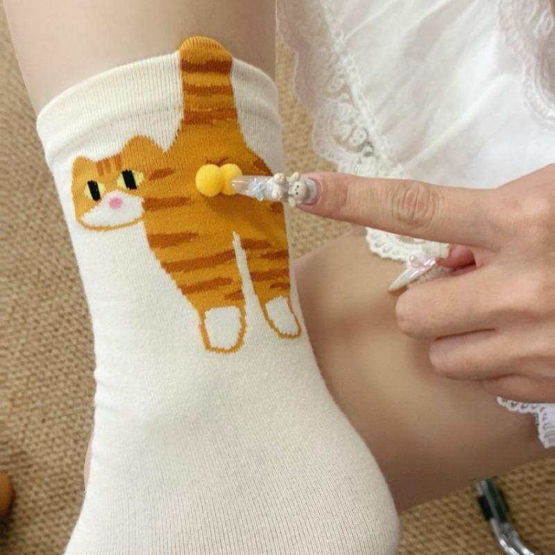 2 Pairs Cartoon Cute Cat Balls Cotton Socks Kawaii Lolita Knitting Socks Women Girls Middle Tube Sleep Sock Cat Print Floor Sock