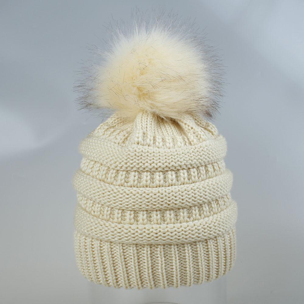 Gorro de punto trenzado de Color sólido con bola de zorro de piel sintética Otoño Invierno para mujer