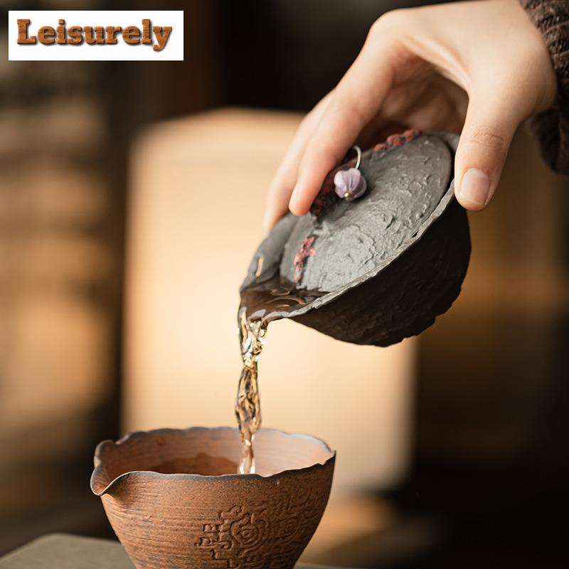 150ML Kreativer Flammenberg Alter Gesteinslehm Gaiwan Teetasse Teeschale mit Deckel Set Teezubereitungsdeckelschale Teegeschirr Dekoration