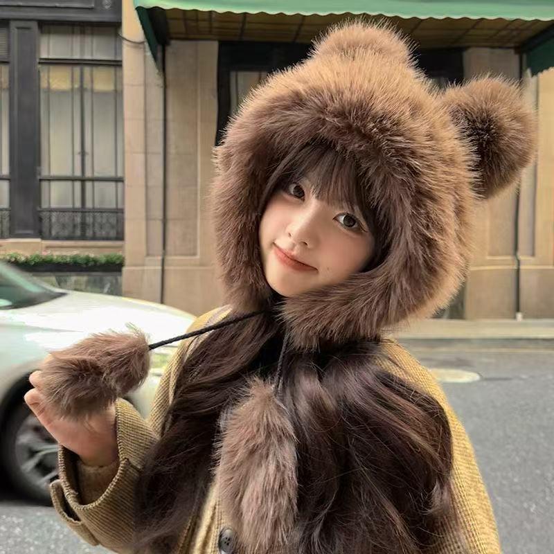 1Pcs Thicken And Warm Ear Protection Wind And Snow Hat Plush Little Bear Lei Feng Hat Winter New Women'S Plush Cute Bear Ear Hat