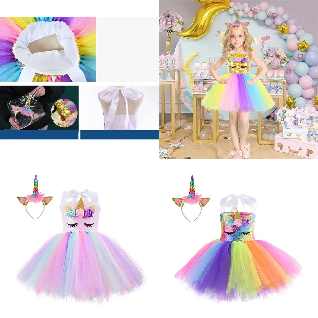 Unicorn Cosplay Girls Dress With Rainbow Pattern For Halloween Party