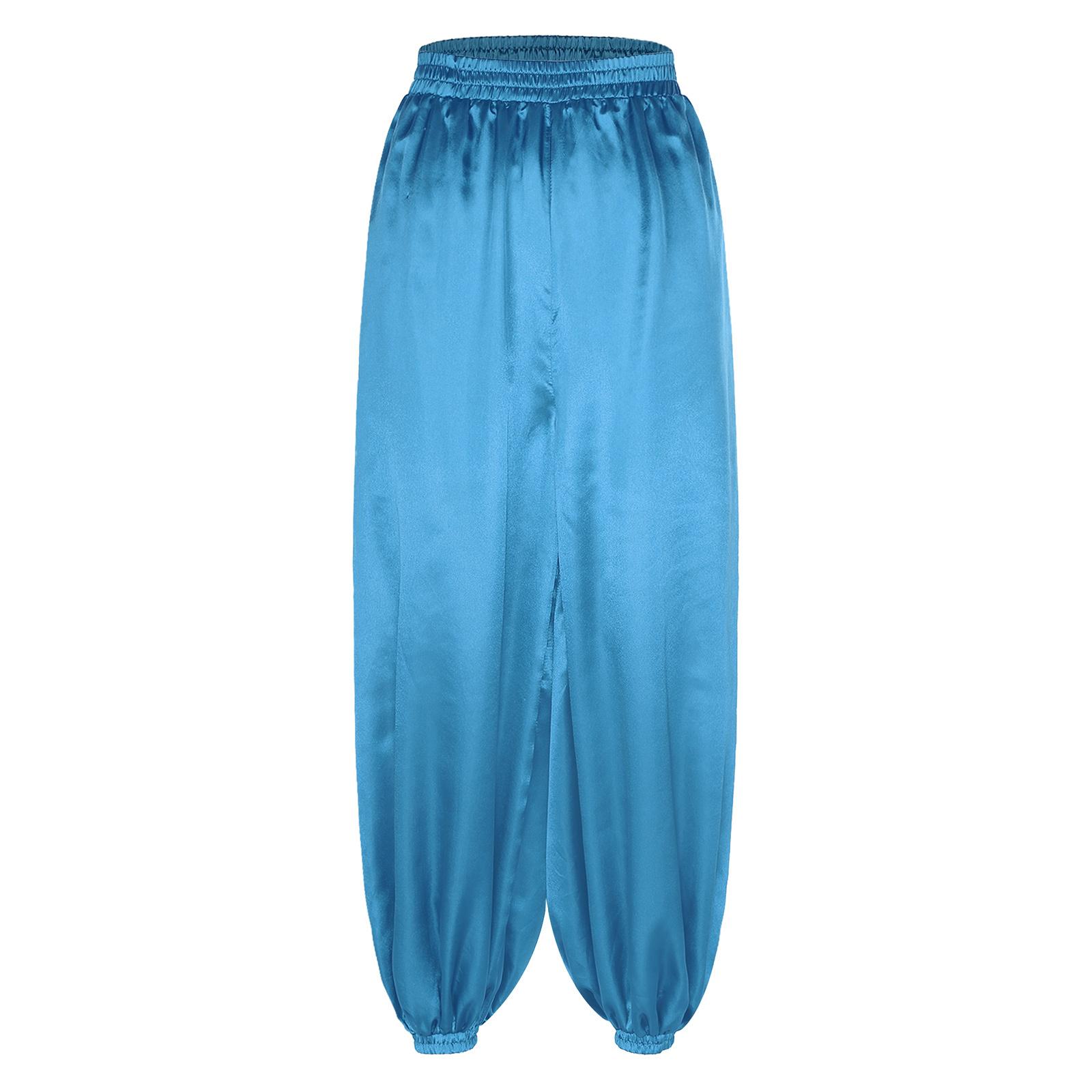 

Жіночі штани для танцю живота вільного крою з еластичним поясом, атласні шаровари, штани для сценічних виступів XL небо синє кольору