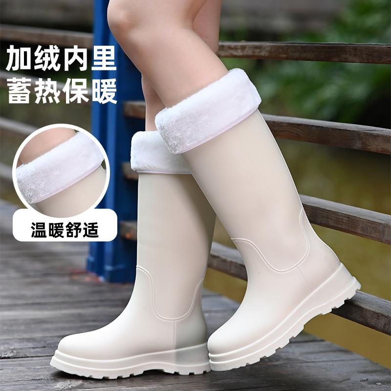 New high tube rain shoes women's non-slip water shoes medium tube water boots fleece warm super thick-soled rubber shoes long tube rain boots women