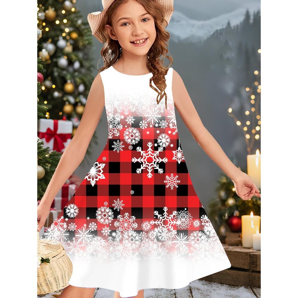 Girl's Summer Cute Christmas Print Sleeveless Vest Dress Fashionable Round Neck Casual Comfortable Soft Breathable Mini Dress