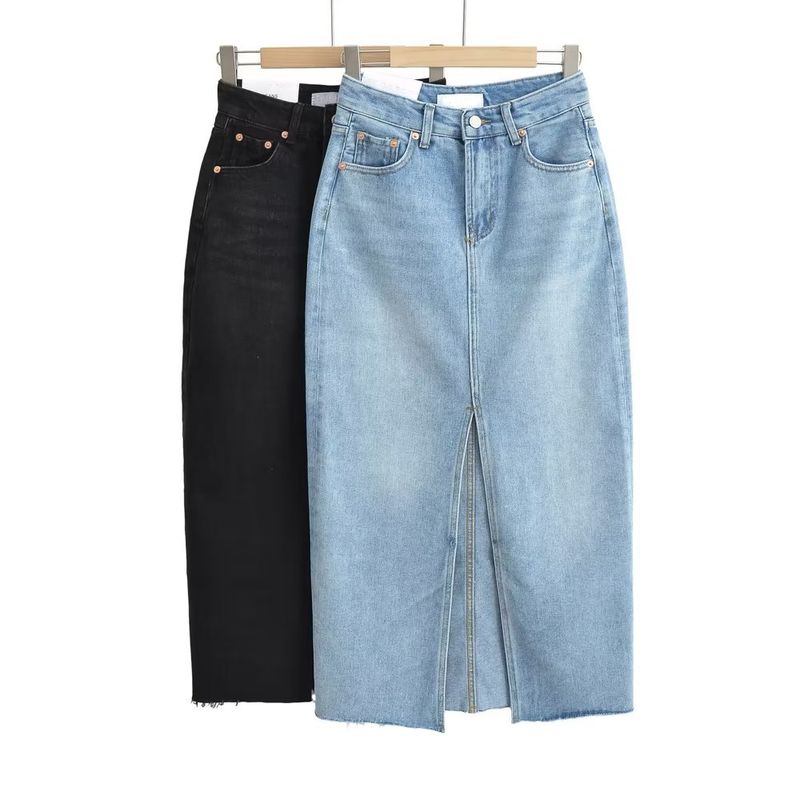 Spring New Arrival American Retro Ins Style High Waist A- Line Mid Length Long Length Front Slit Raw Edge Denim Skirt