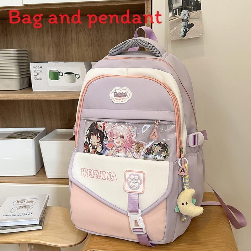 Color Blocked Fashionable Letter Printed Student Backpack With Pendant Daily For