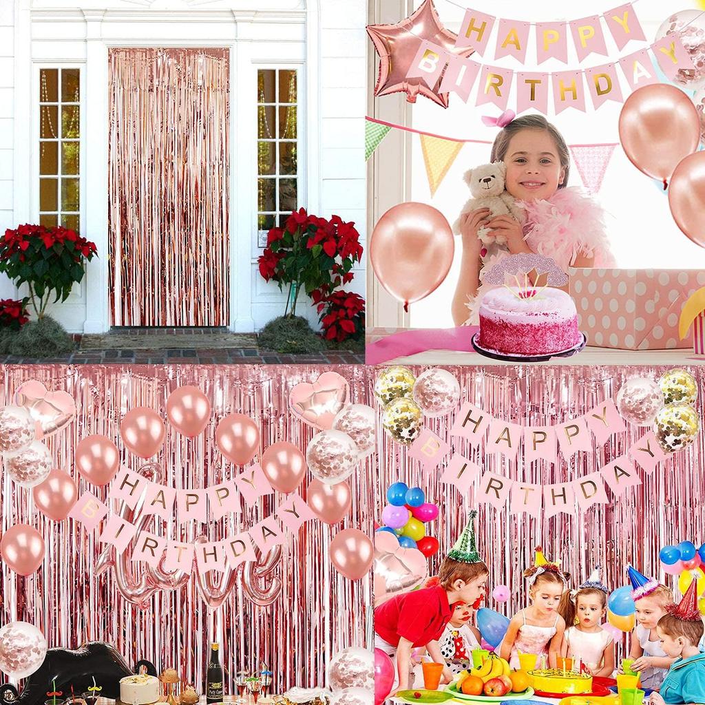 Rose Gold Birthday Party Decorations, Happy Birthday Banner, Rose Gold Fringe Curtain, Heart Star Foil Confetti Balloons, Hanging Swirls for Women