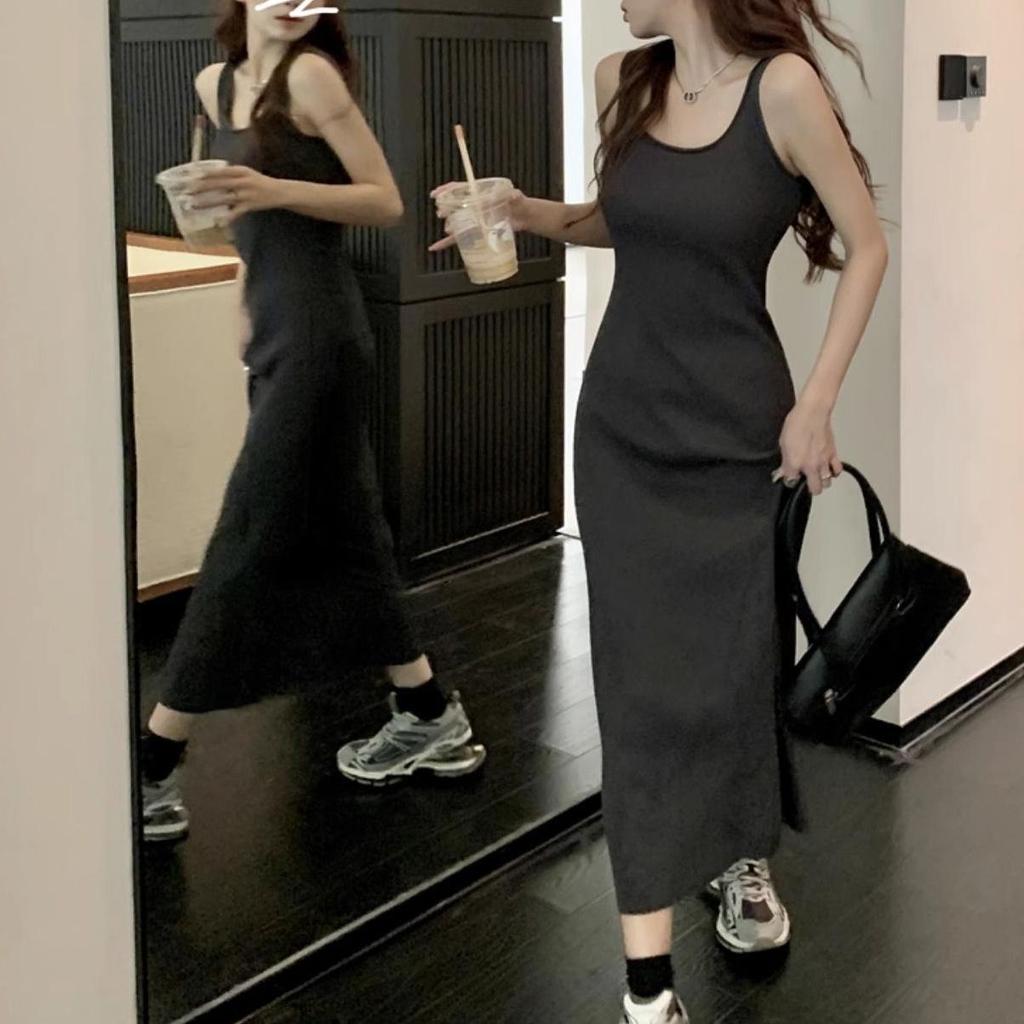 French Knit Off-Shoulder Strappy U-Neck Long Dress - Women's Summer Solid Color H-Line Vest Dress