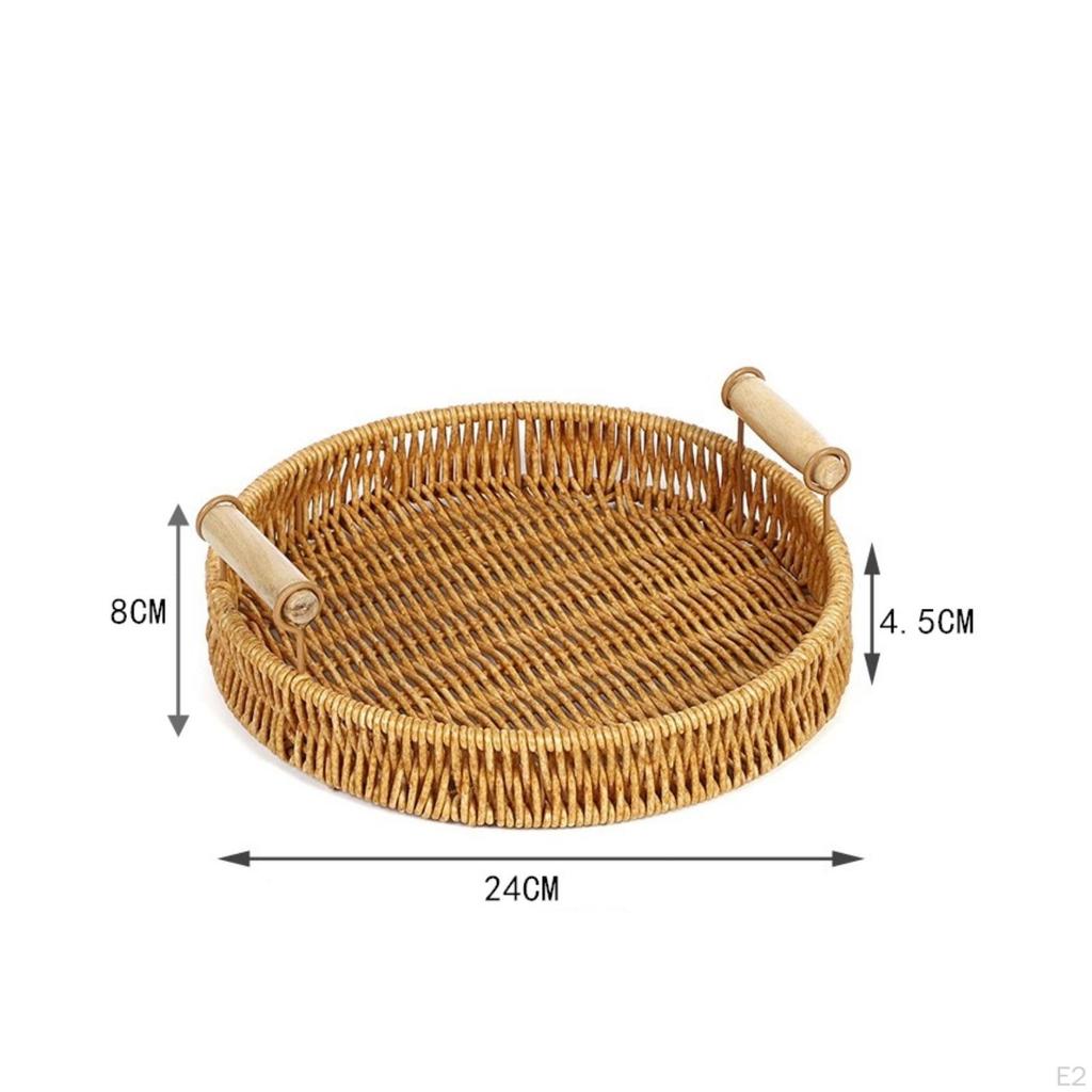 Woven Serving Tray Wooden Handles Shallow Rim Tableware S Round Woodhandle