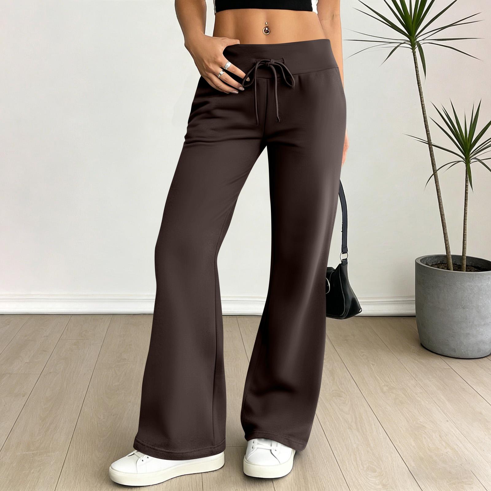 Damen High Waist Weiter Bein Lounge Hose Kordelzug Elastische Taille Entspannte Passform Weicher Strick Freizeit Yoga Jogginghose L kaffeebraun