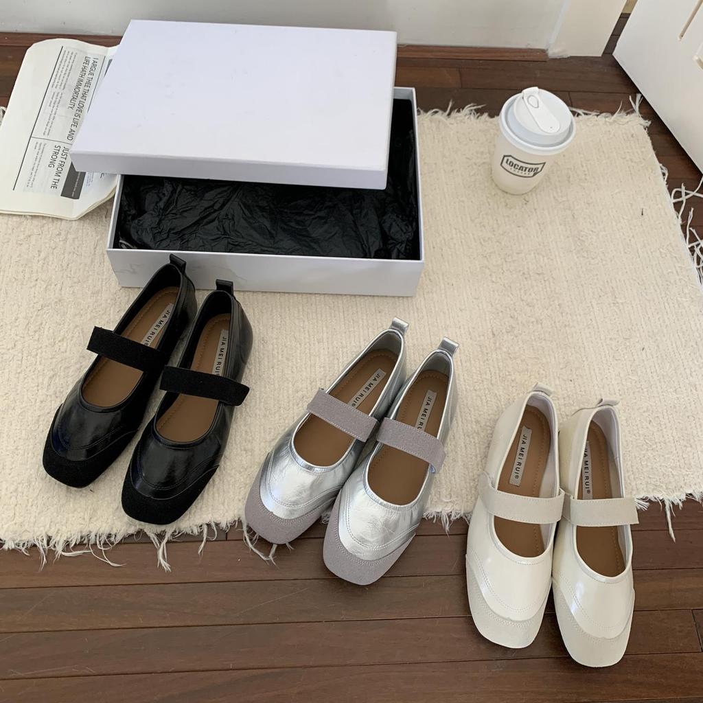 Fashion IPPEUM Women Ballet Flats Shoes Square Toe Buckle Black PU Leather Vintage Ballerina Shoes