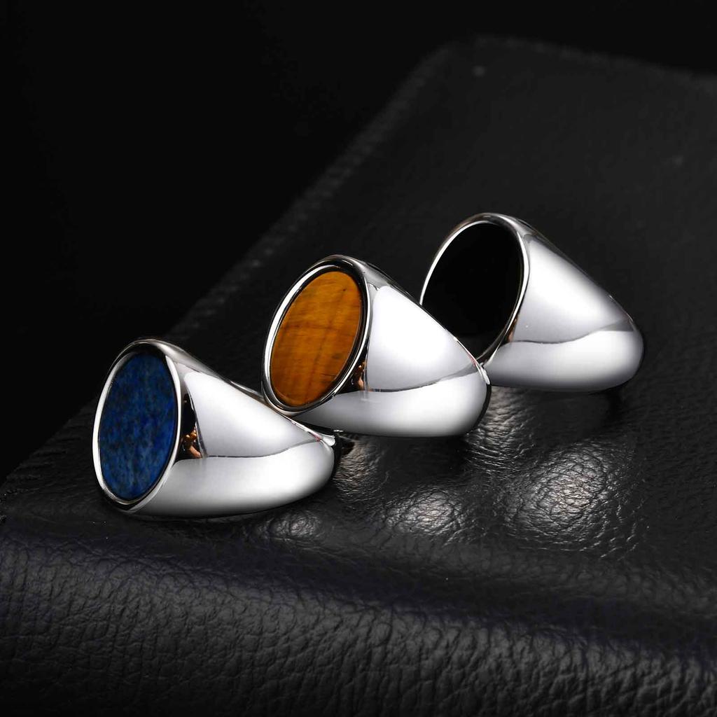 High Quality Round Natural Stone Chunky Ring, Fashion Blue Stone Stainless Steel Signet Ring for Men, Waterproof Classic Jewelry
