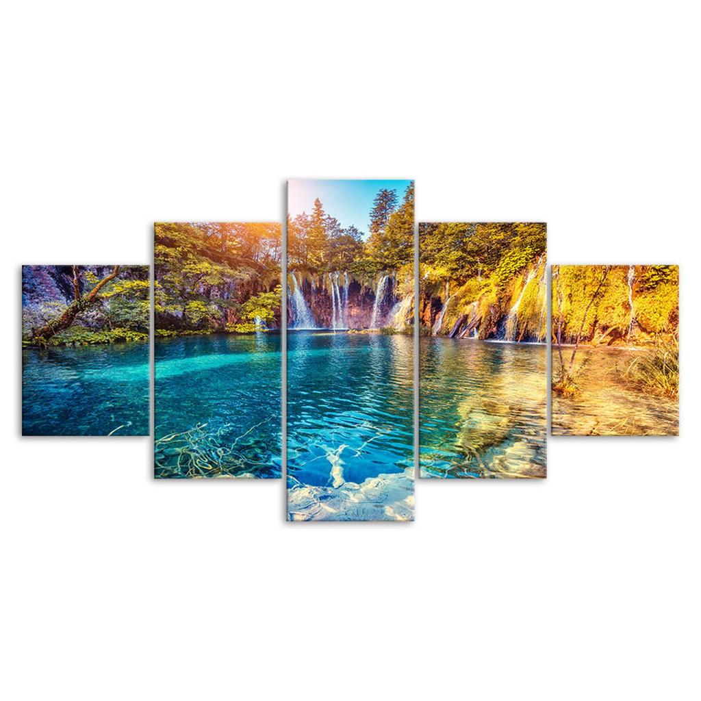 Waterfall Sunny Day 5 Piece Canvas Wall Art Multi Panel Print Modern Nature Poster Home Decor Picture Gift For Him For Her