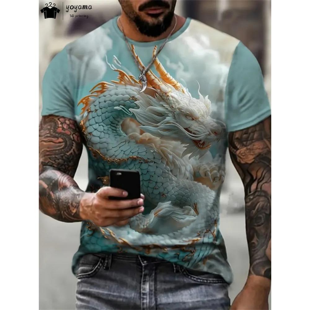 Summer 3D dragon pattern men's T-shirt, street fashion men's top, trendy oversized men's clothing, casual men's short sleeved T-shirt