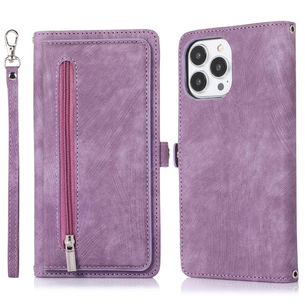 For iPhone 16 Pro Case Zipper Pocket 9 Card Slots PU Leather Phone Cover with Wrist Strap