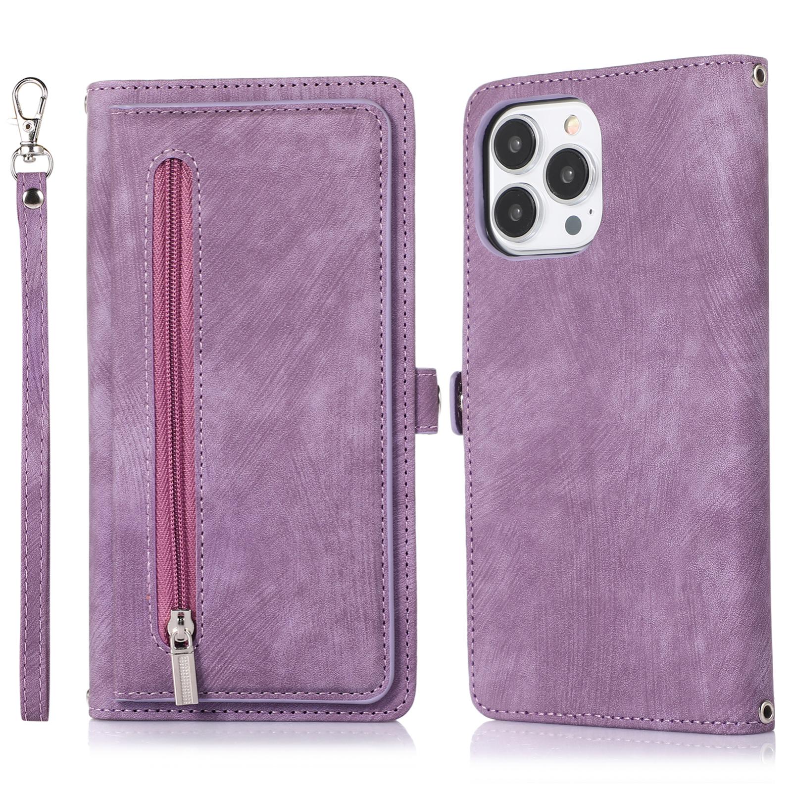 

For iPhone 16 Pro Max Case Zipper Pocket 9 Card Slots PU Leather Phone Cover with Wrist Strap Purple