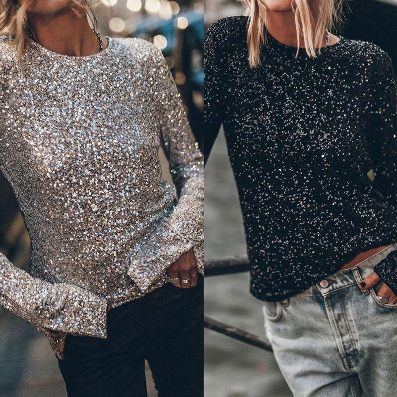 Party Glitter Nightclub Top Party Sequins Long sleeve round Neck Shirts Nightclub Personality Top