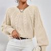 Women's Autumn/Winter Solid Color Cable Knit Sweater, Loose Crew Neck Lantern Sleeve Versatile Knit Top S-XL