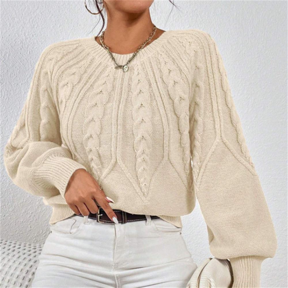 Women's Autumn/Winter Solid Color Cable Knit Sweater, Loose Crew Neck Lantern Sleeve Versatile Knit Top S-XL