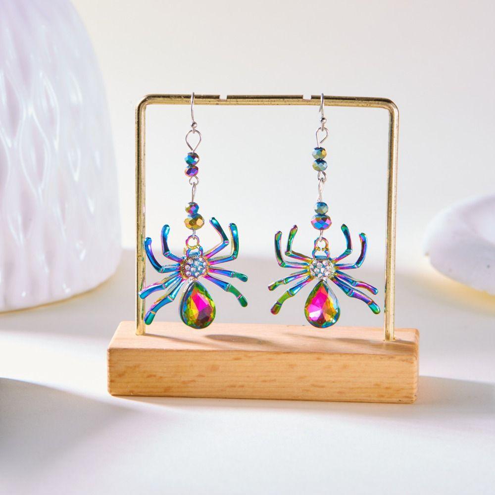 3pairs Zinc Zinc Alloy Rhinestone Drop Earring Colorful Spider Earrings Halloween Dangle Earrings  Girls Gift