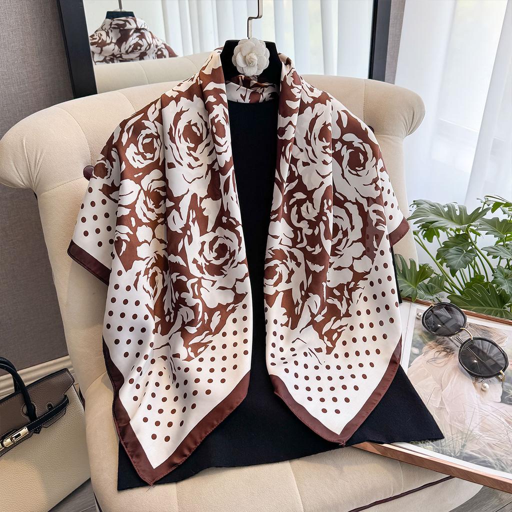 Polka Dot Camellia 90 Imitation Silk Large Square Scarf Shawl Commuting Versatile Printed Scarf Headscarf Silk Scarf Women