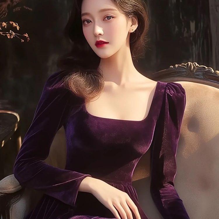 Popular and Beautiful French Hepburn Style, Light Luxury, High-end Sense, Thin Temperament, Purple Gold Velvet Dress, Female Autumn