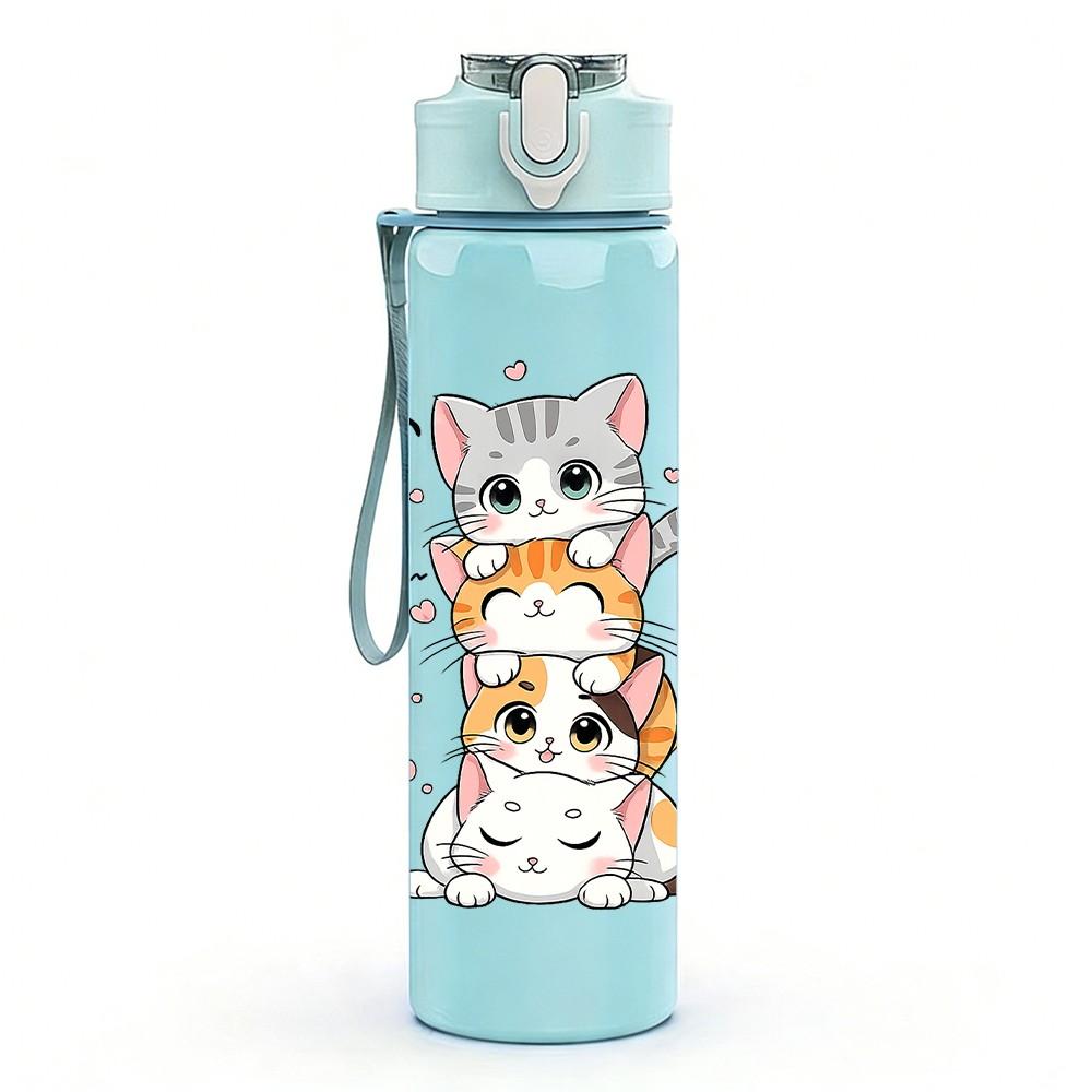 1PC Stacked Playful Kitten Cat Print 750ml Color Plastic Sports Water Bottle Leakproof Flip Straw Lid Suitable for Sports Office Home Use