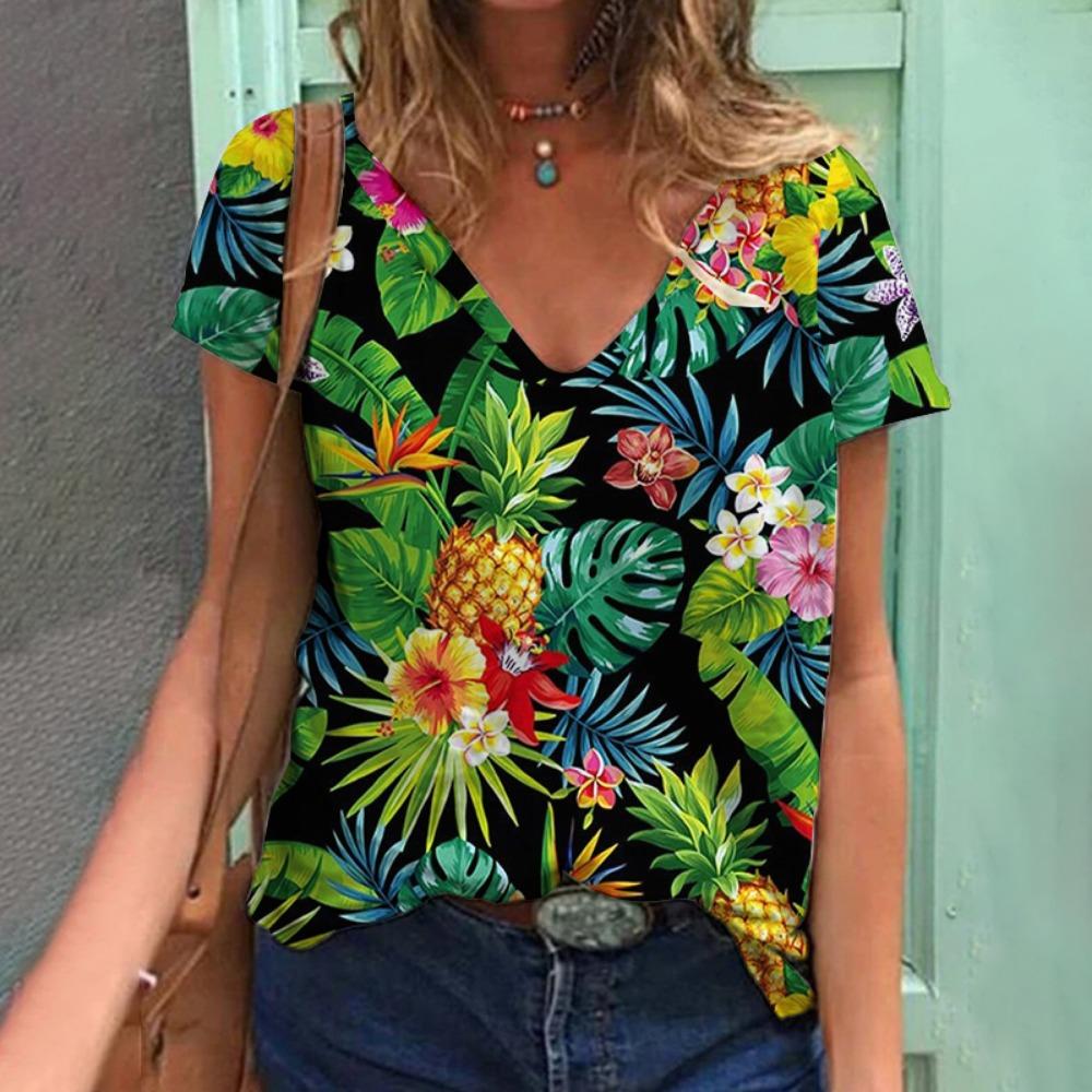 Tropical Plant Fruit 3D Printing T-shirt Summer Women's V-neck T-shirt Street Women's Clothing