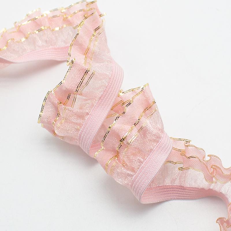 5Meters 25mm Wide Double-layer Fungus Chiffon Elastic Silver Gold Silk Lace for Children's Clothing Hanfu Accessories Snow Gauze Lace