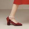 Fashion 2025 New Red Bow Pearl Mary Jane Platform Lolita Heels for Women Chunky Wedding Shoes Waterproof Mid Heel Single Shoes