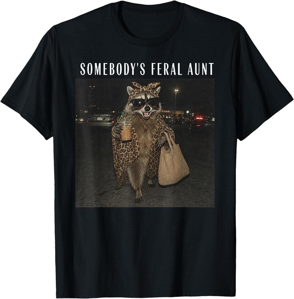 Somebody's Feral Aunt Raccoon Iced Coffee Sarcastic Animal T-Shirt