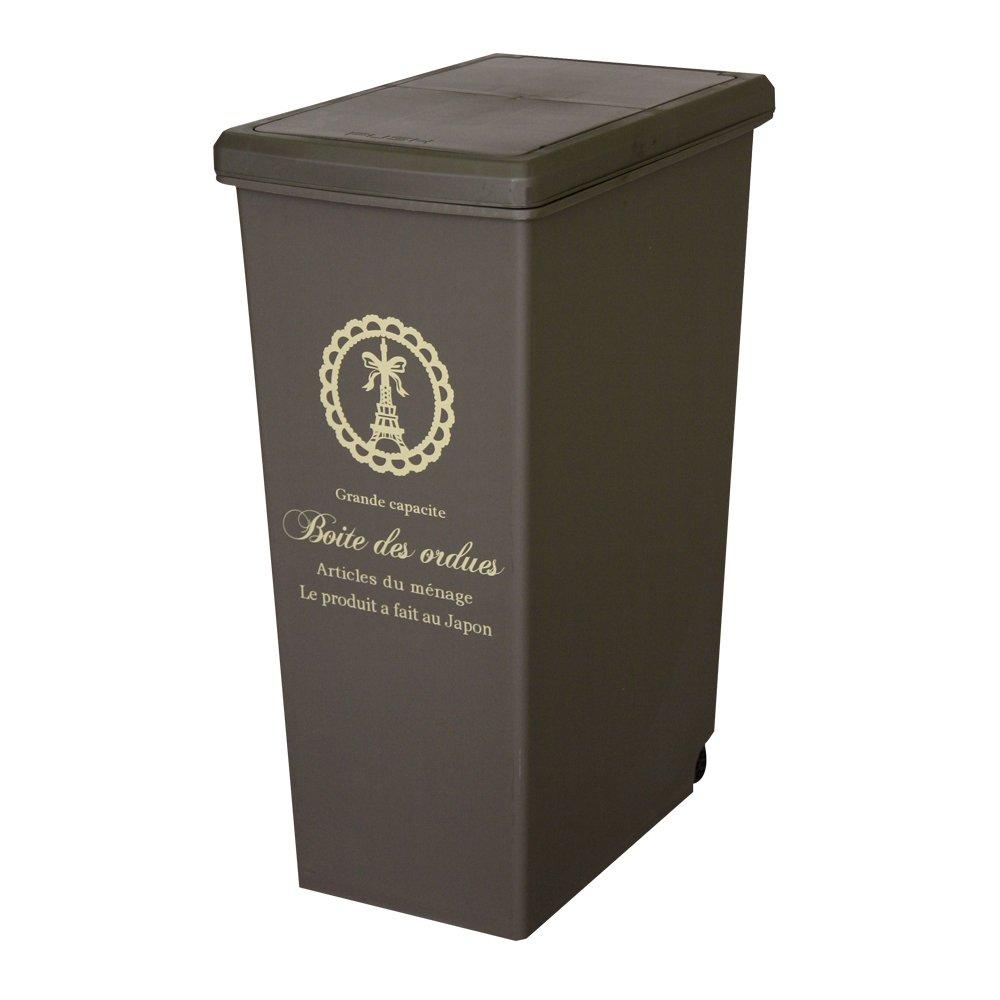 Bon Furniture, Made in Japan, Trash Can, Dustbin, Casters, with Lid, Space-Saving, Eiffel Tower Pattern, Brown