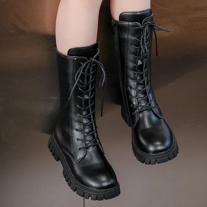 Autumn/Winter Zip Fashion Cool Baby Girls Warm Square Heel Round Toe Casual Lace-Up Comfortable Kids Black Mid Boots Toddler