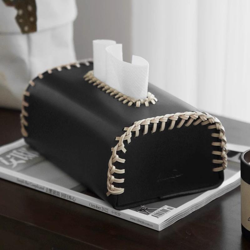 Leather Tissue Box Color-blocked Thread Weaving Two-color Home Napkin Holder Paper Towel Holder Organizadores Home Decoraction