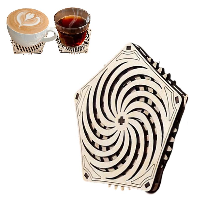 Kinetic Coaster Handmade Unique Pentagram Design Swivel Wooden Coasters Subtle Spiral Texture For Home/Office Decor Gifts