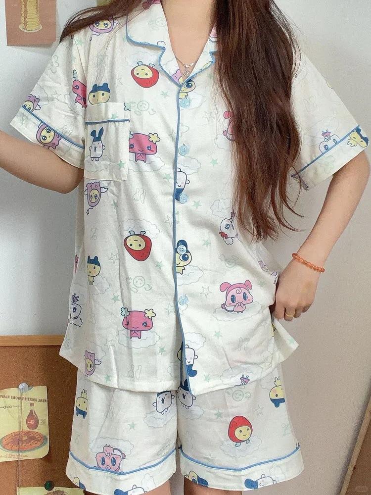 

Japanese Internet celebrities new Tuoma song pajamas women s summer blue edge short-sleeved shorts set casual loose loungewear S