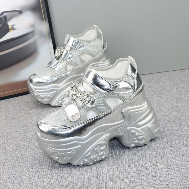 Fashion 12CM Air Mesh Micrifiber Leather Women Vulcanize Bling Fashion Chunky Sneakers Breathable Casual Platform Wedge Shoes