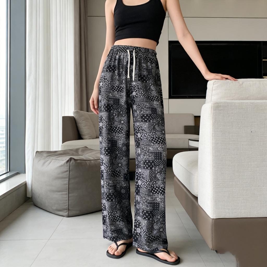 Ice silk wide-leg pants women's summer thin new Chinese ink cool pants high-waisted casual pants trousers women's clothing