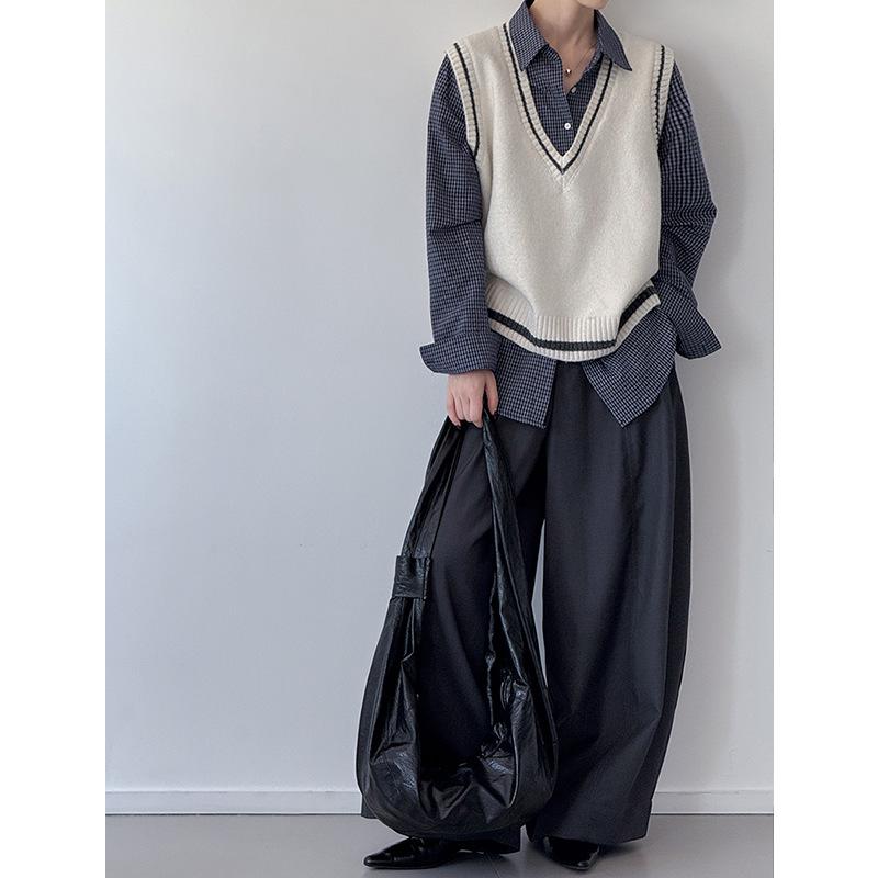 Orange Zhi Retro V-Neck Color Block Knitted Vest - Early Autumn College Girl Style