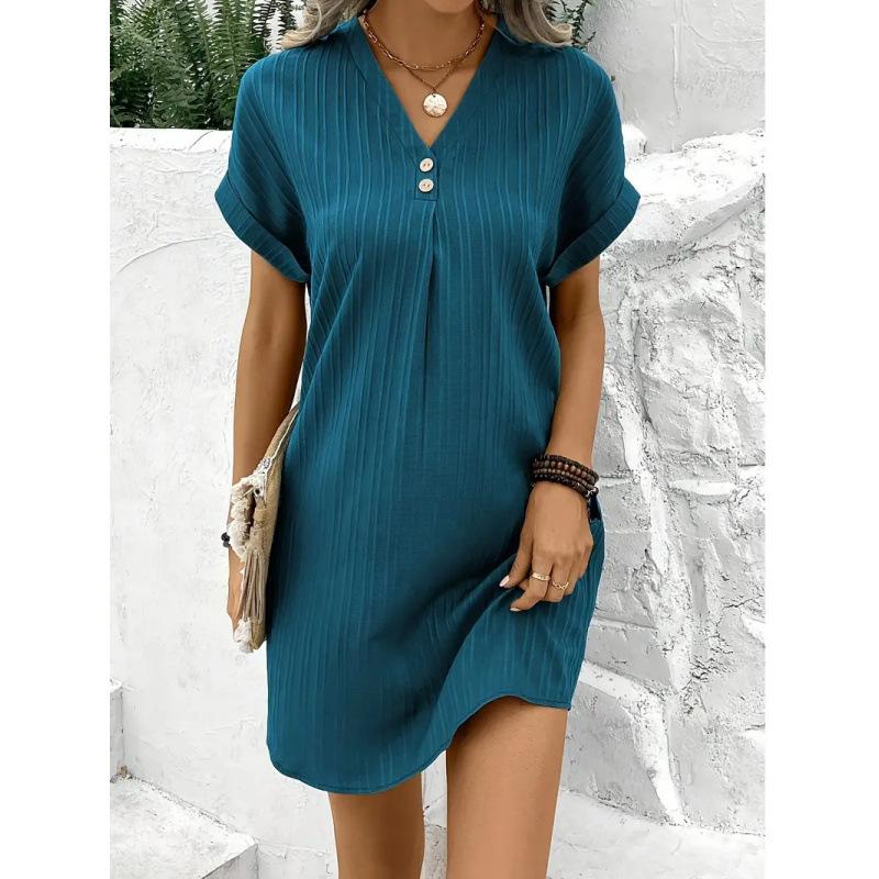 Women's new hot-selling V-neck solid color pullover casual button dress