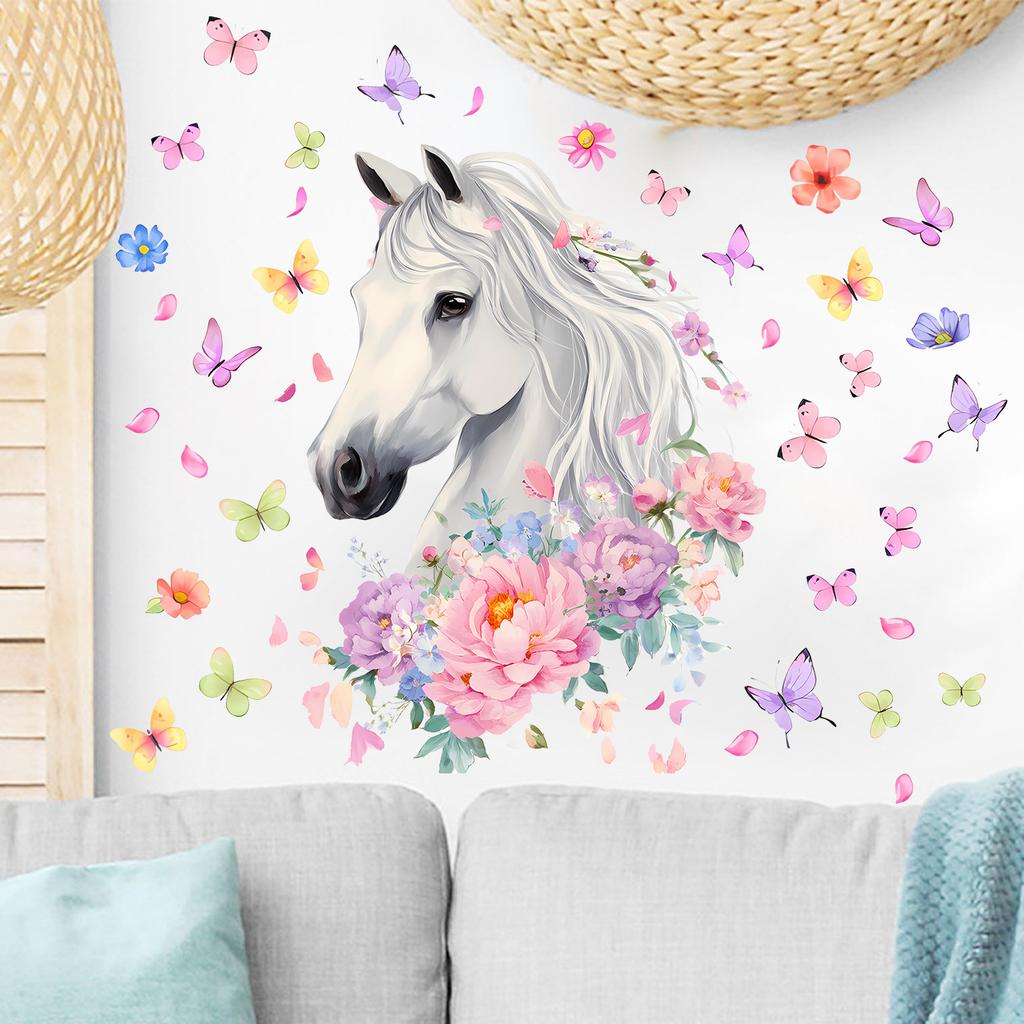 Self Adhesive Wall Stickers Horses Flowers Butterflies for Kids Room Living Room Background Wall Decoration