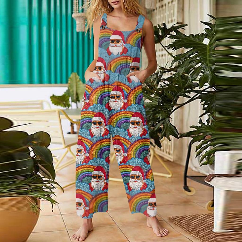 Women's Casual Christmas Printed Jumpsuit Sleeveless Printed Cotton Jumpsuit