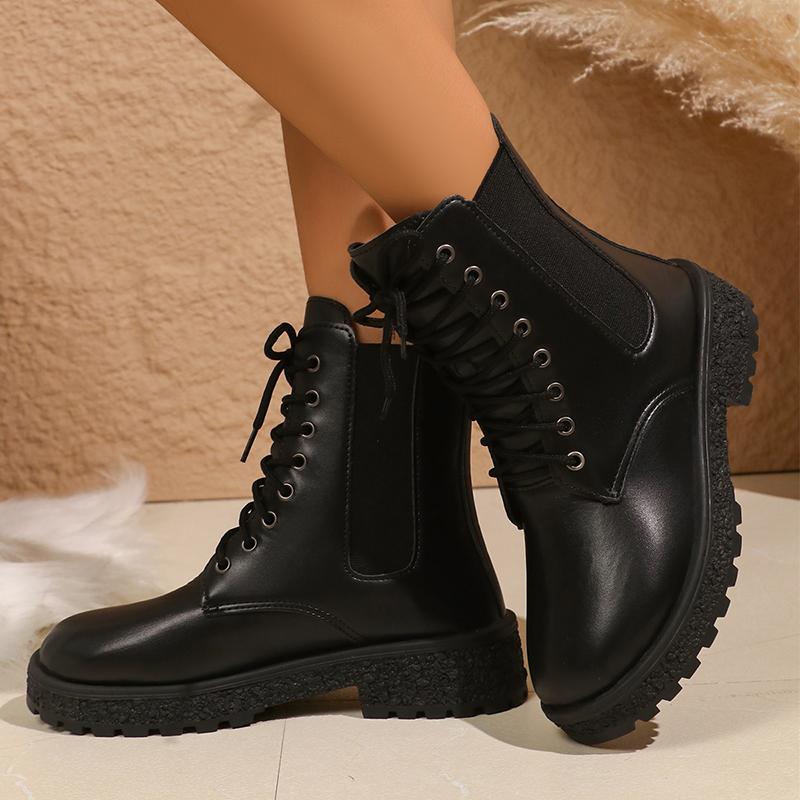 Fashion Rimocy Fashion Platform Combat Boots Women Black PU Leather Lace Up Ankle Boots Woman Thick Sole Non Slip Autumn Winter Shoes