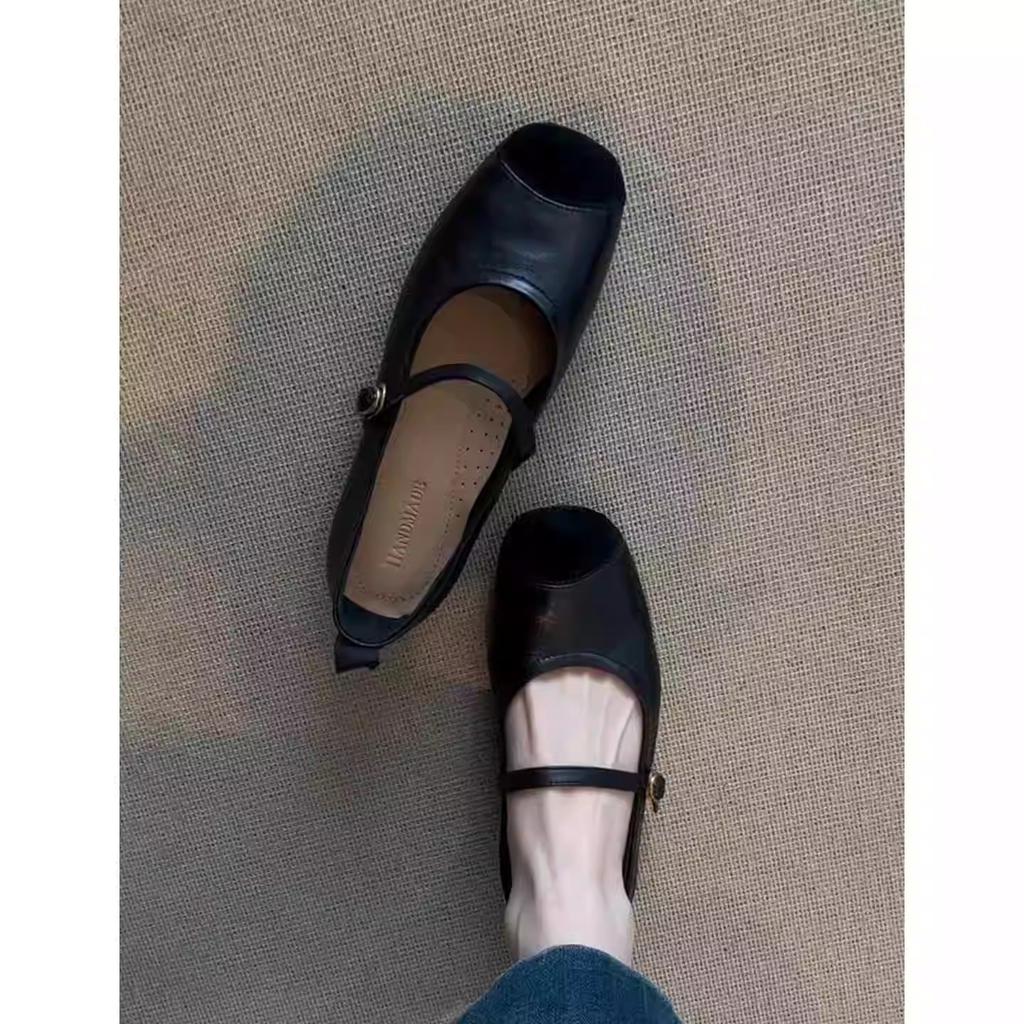 Cowhide version~ French retro single shoes women's summer gentle skirt evening shoes flat one word with ballet Mary Jane shoes