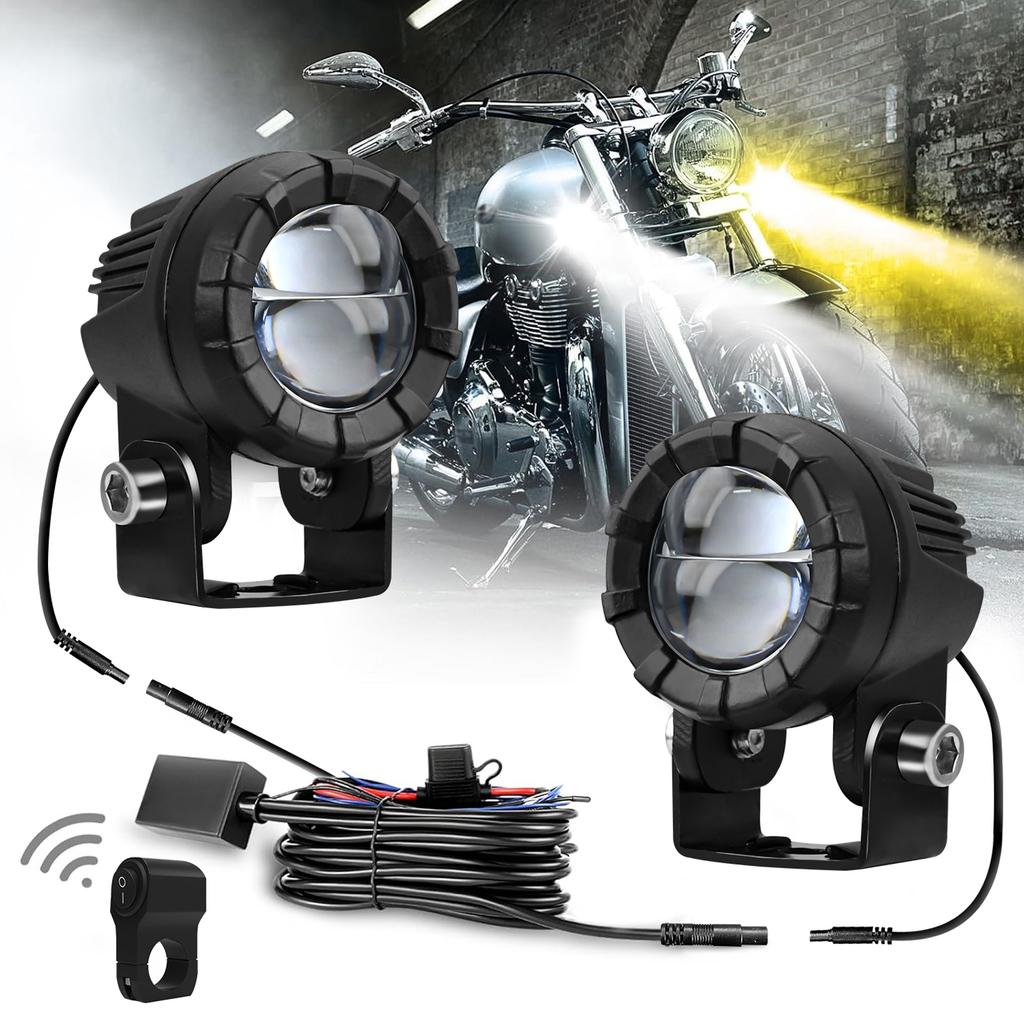 Faróis Auxiliares LED para Motocicleta com Kit de Chicote Elétrico, Conjunto de 2 Peças de Luzes Auxiliares à Prova d'Água, Conjunto de Atualização de Farol para Moto