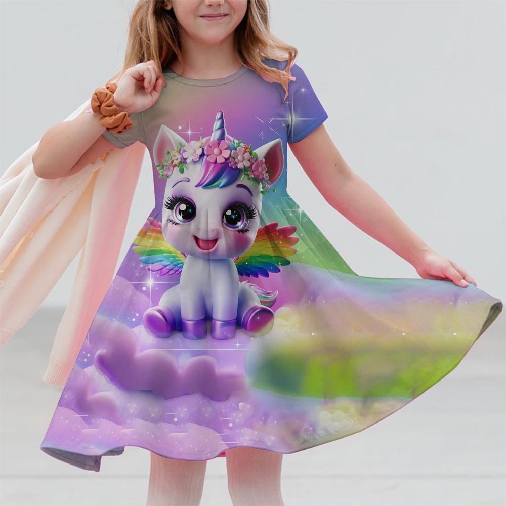 Robes d'été pour filles Licorne Enfants Robe à manches courtes Dessin animé Tout-petits Décontracté Robes droites Vêtements pour enfants 3-12 ans
