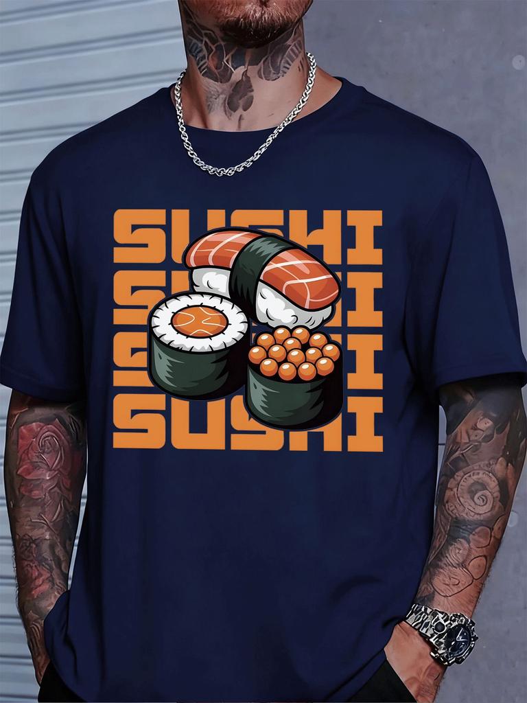 Vivid Blue Unisexs Loose Cotton Tshirt Classic Sushi Roll Seafood Food Art Print Crew Neck Teen Daily Summer Street Short Sleeve Te